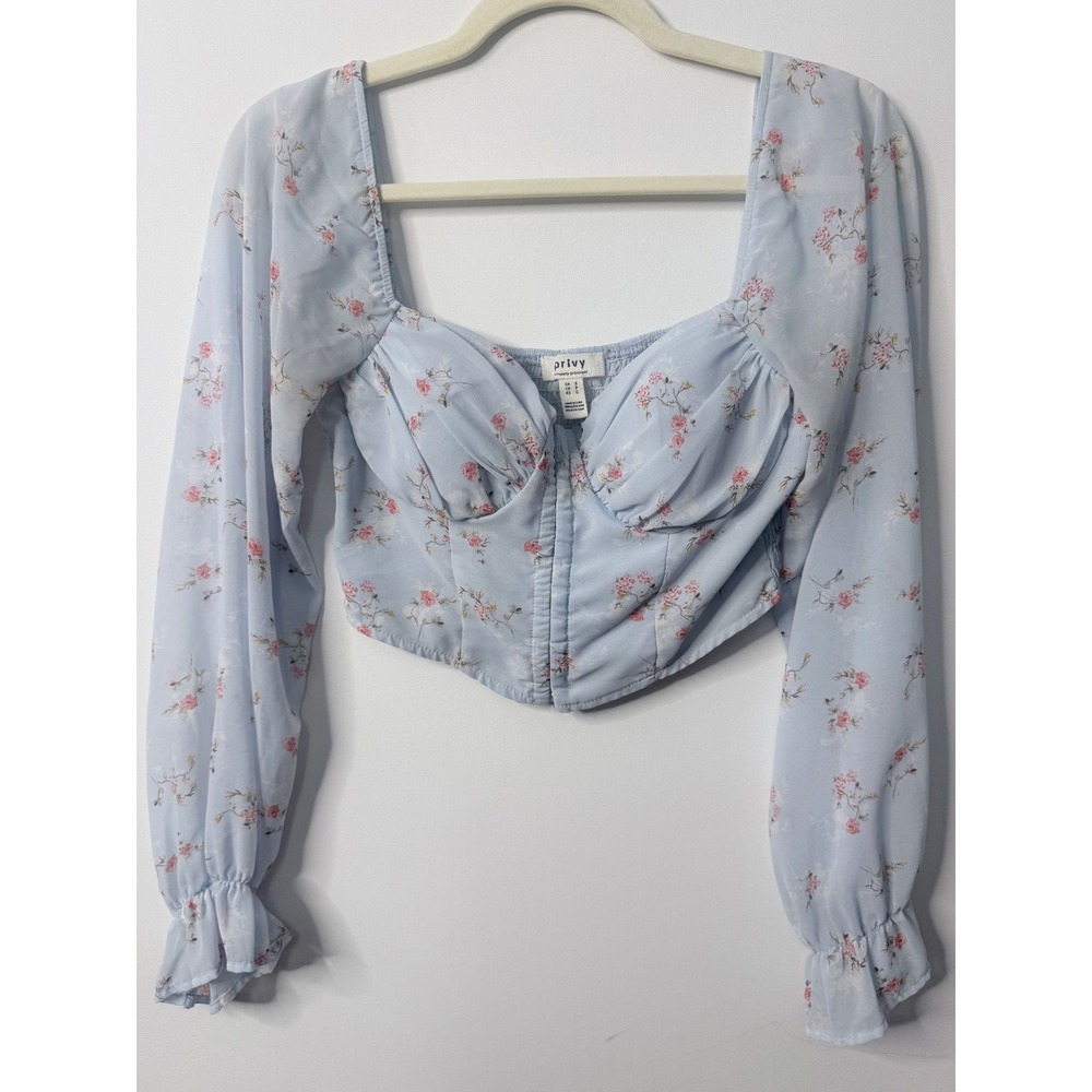 Privy Light Blue Fairycore Floral Smocked Crop Top Small